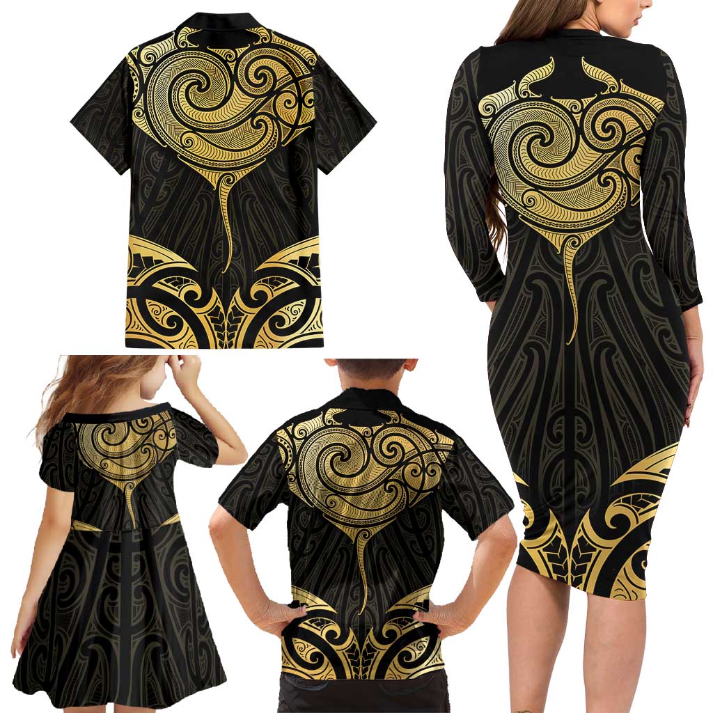 Gold Black New Zealand Manta Ray Family Matching Long Sleeve Bodycon Dress and Hawaiian Shirt Aotearoa Maori Haehae - Aussie Hoodie