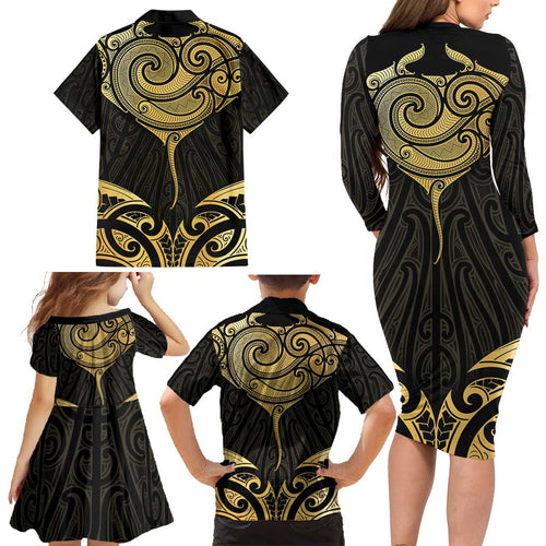 Gold Black New Zealand Manta Ray Family Matching Long Sleeve Bodycon Dress and Hawaiian Shirt Aotearoa Maori Haehae - Aussie Hoodie
