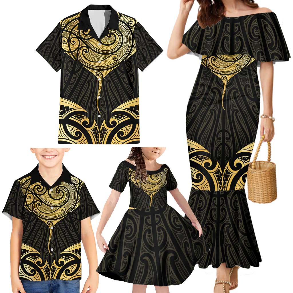 Gold Black New Zealand Manta Ray Family Matching Mermaid Dress and Hawaiian Shirt Aotearoa Maori Haehae - Aussie Hoodie