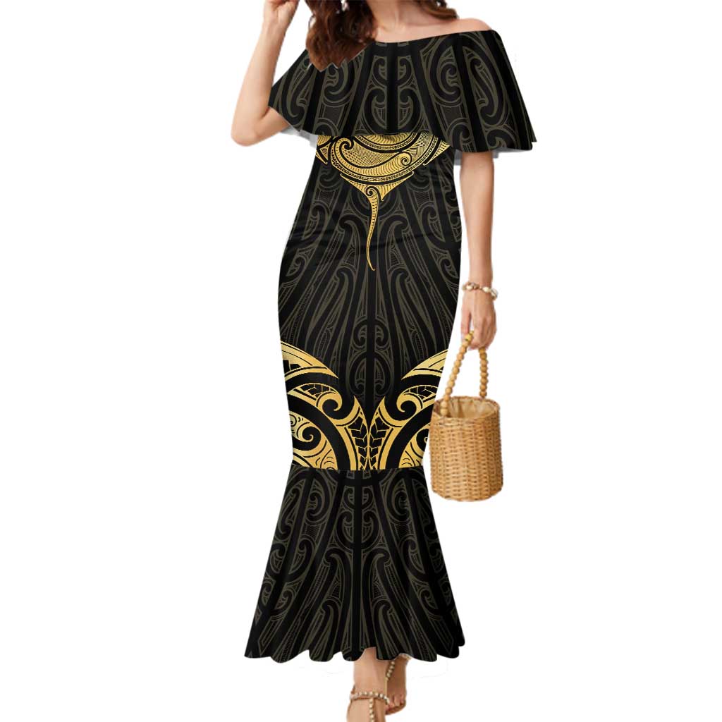 Gold Black New Zealand Manta Ray Family Matching Mermaid Dress and Hawaiian Shirt Aotearoa Maori Haehae - Aussie Hoodie