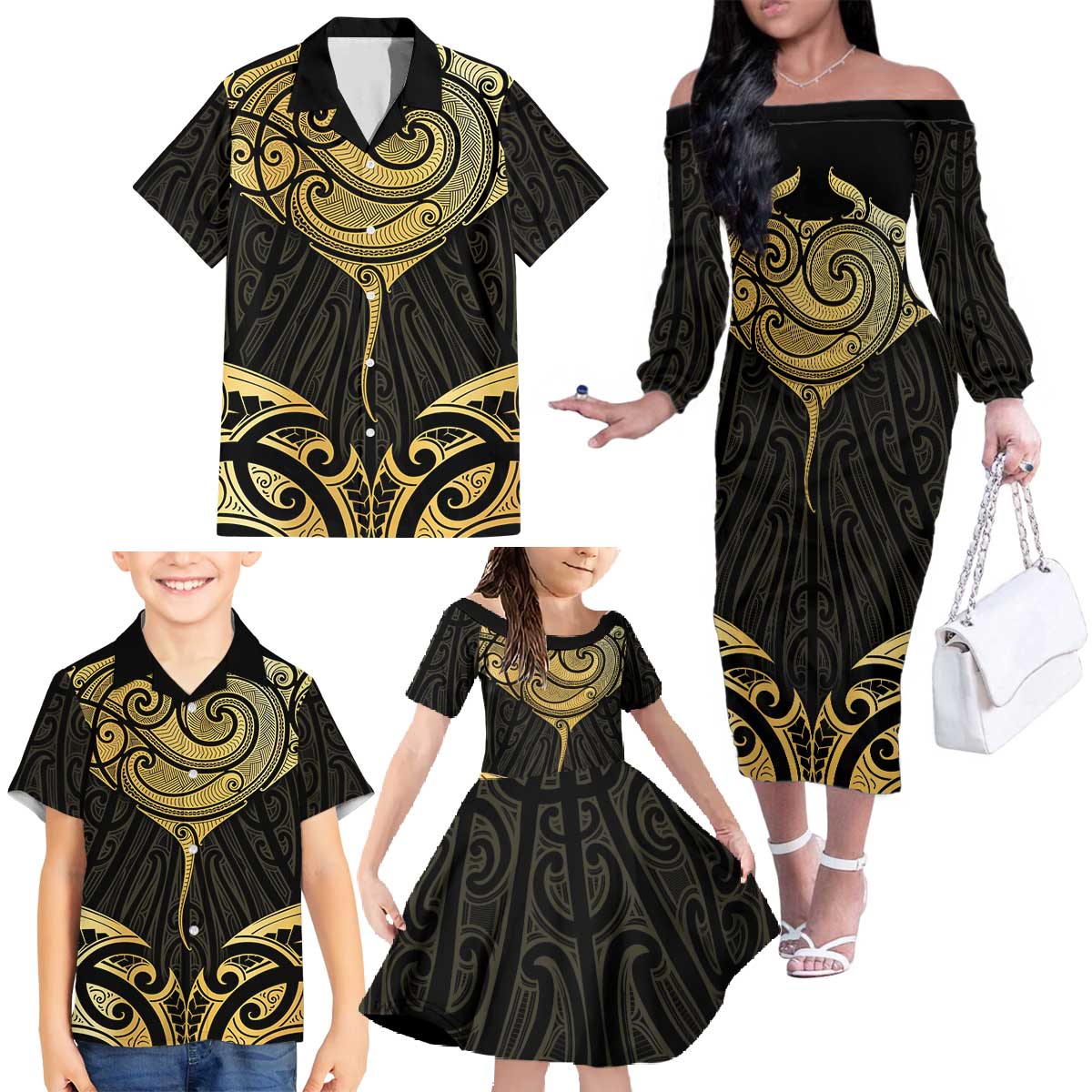 Gold Black New Zealand Manta Ray Family Matching Off The Shoulder Long Sleeve Dress and Hawaiian Shirt Aotearoa Maori Haehae - Aussie Hoodie