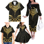 Gold Black New Zealand Manta Ray Family Matching Off The Shoulder Long Sleeve Dress and Hawaiian Shirt Aotearoa Maori Haehae - Aussie Hoodie