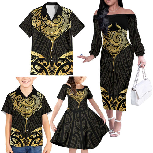 Gold Black New Zealand Manta Ray Family Matching Off The Shoulder Long Sleeve Dress and Hawaiian Shirt Aotearoa Maori Haehae - Aussie Hoodie