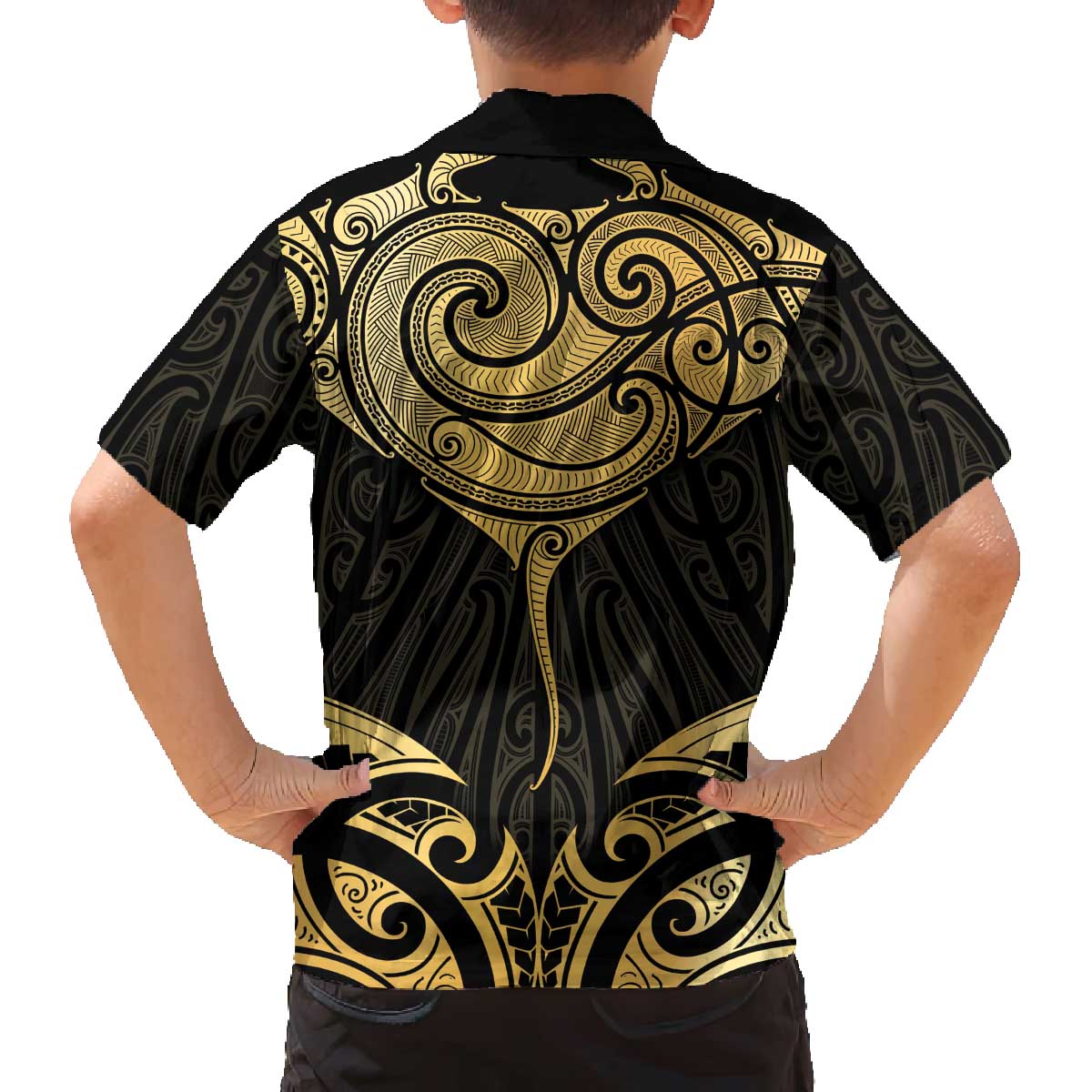 Gold Black New Zealand Manta Ray Family Matching Off The Shoulder Long Sleeve Dress and Hawaiian Shirt Aotearoa Maori Haehae - Aussie Hoodie