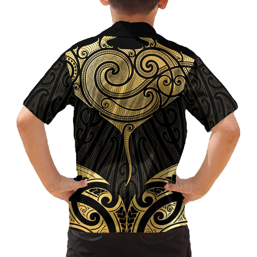 Gold Black New Zealand Manta Ray Family Matching Off The Shoulder Long Sleeve Dress and Hawaiian Shirt Aotearoa Maori Haehae - Aussie Hoodie