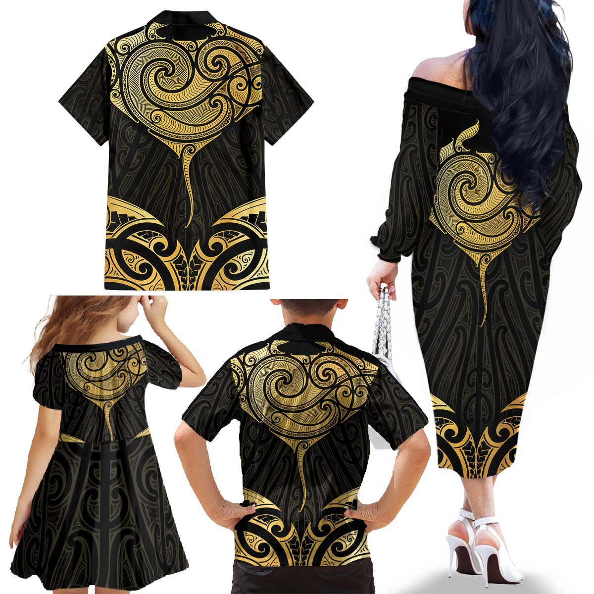 Gold Black New Zealand Manta Ray Family Matching Off The Shoulder Long Sleeve Dress and Hawaiian Shirt Aotearoa Maori Haehae - Aussie Hoodie