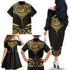 Gold Black New Zealand Manta Ray Family Matching Off The Shoulder Long Sleeve Dress and Hawaiian Shirt Aotearoa Maori Haehae - Aussie Hoodie
