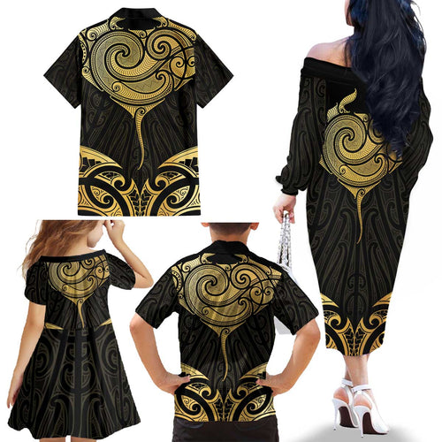 Gold Black New Zealand Manta Ray Family Matching Off The Shoulder Long Sleeve Dress and Hawaiian Shirt Aotearoa Maori Haehae - Aussie Hoodie