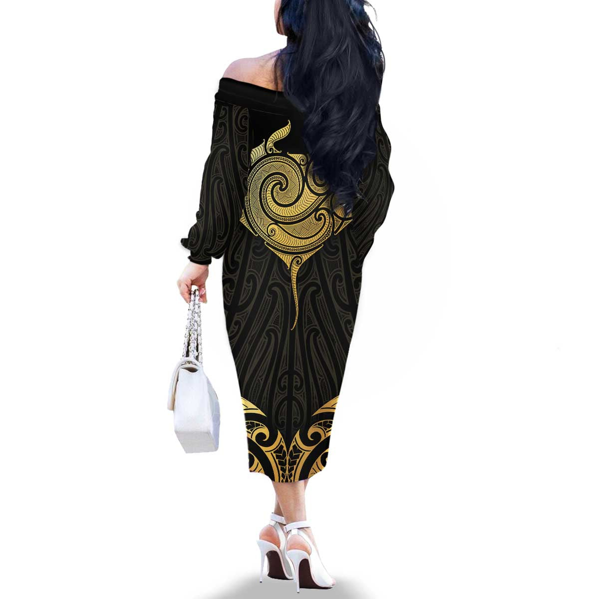 Gold Black New Zealand Manta Ray Family Matching Off The Shoulder Long Sleeve Dress and Hawaiian Shirt Aotearoa Maori Haehae - Aussie Hoodie
