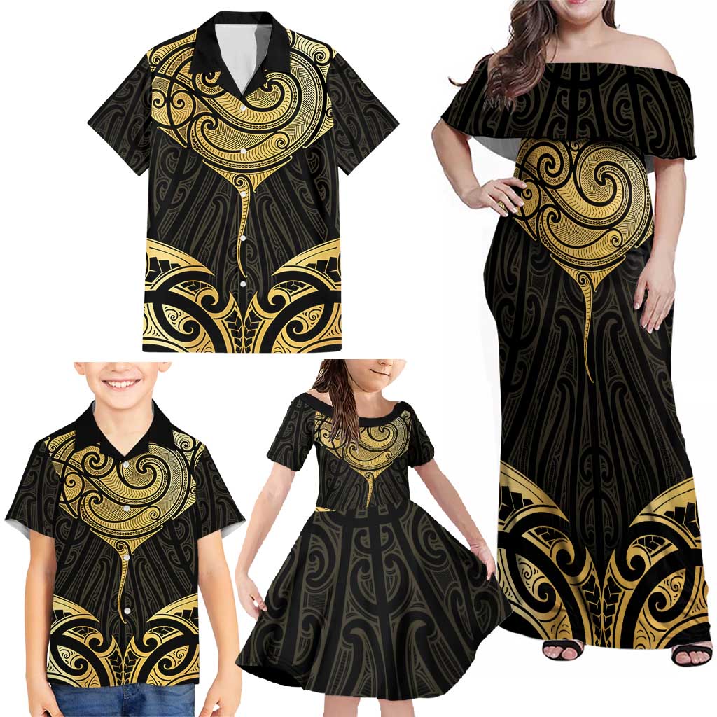 Gold Black New Zealand Manta Ray Family Matching Off Shoulder Maxi Dress and Hawaiian Shirt Aotearoa Maori Haehae - Aussie Hoodie