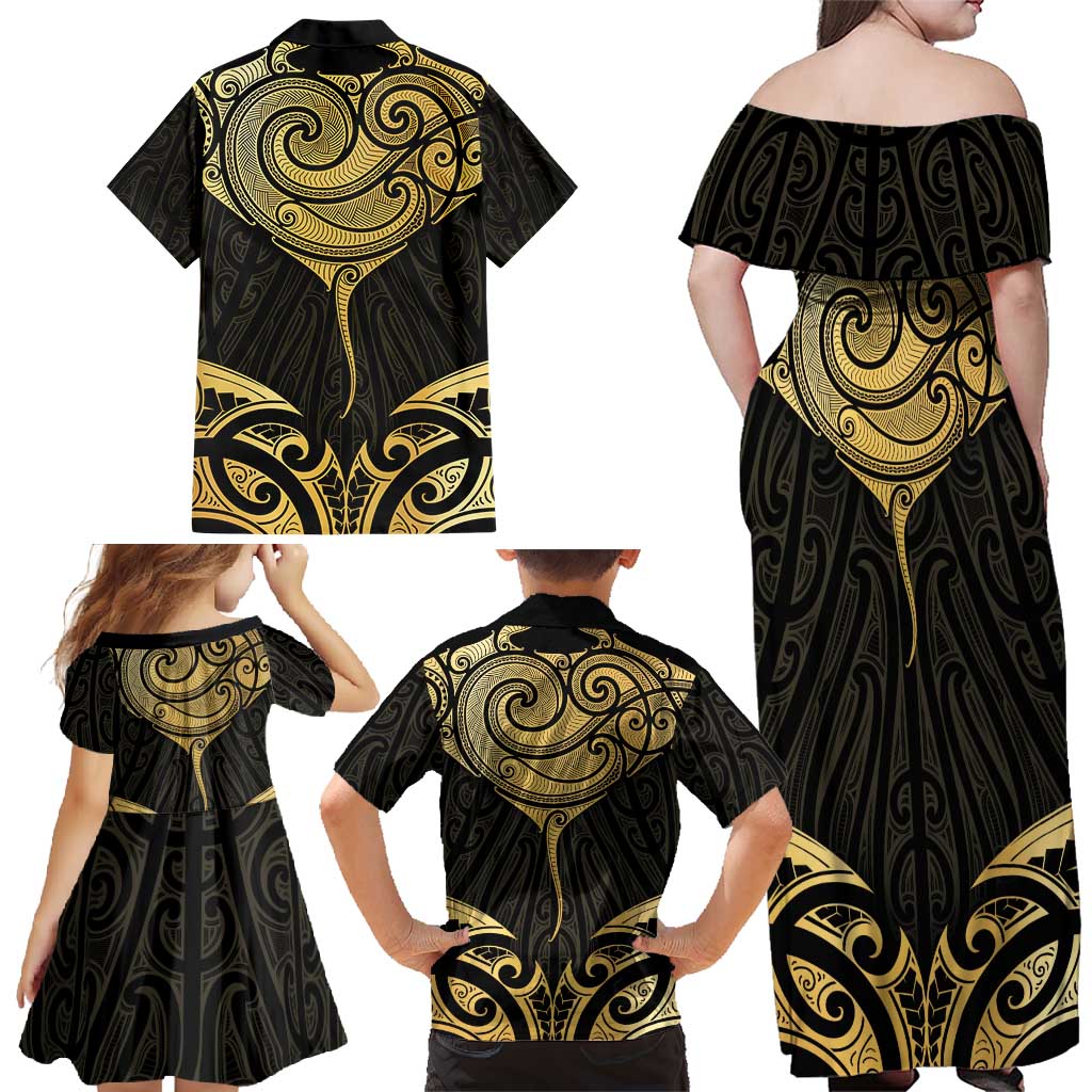 Gold Black New Zealand Manta Ray Family Matching Off Shoulder Maxi Dress and Hawaiian Shirt Aotearoa Maori Haehae - Aussie Hoodie