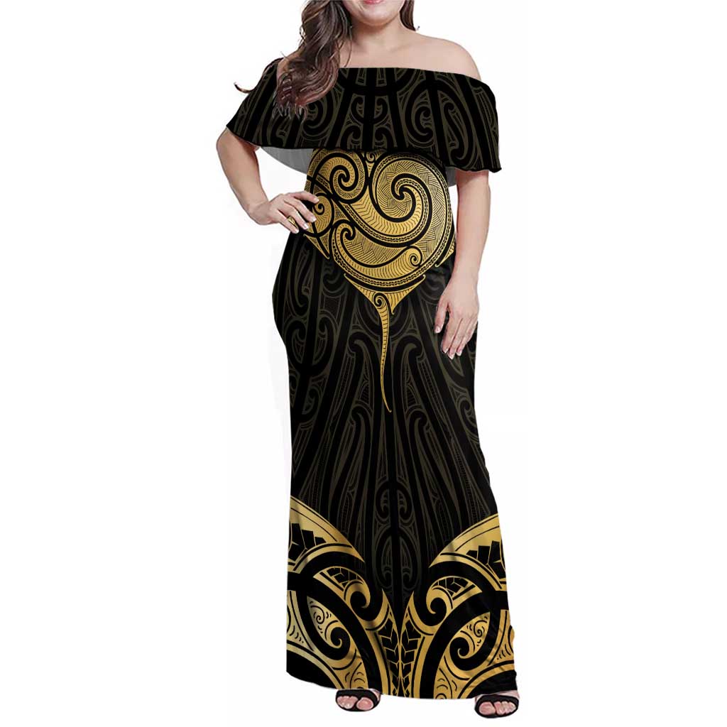 Gold Black New Zealand Manta Ray Family Matching Off Shoulder Maxi Dress and Hawaiian Shirt Aotearoa Maori Haehae - Aussie Hoodie