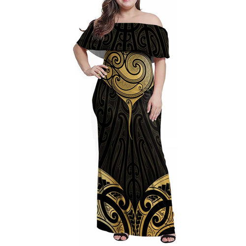 Gold Black New Zealand Manta Ray Family Matching Off Shoulder Maxi Dress and Hawaiian Shirt Aotearoa Maori Haehae - Aussie Hoodie