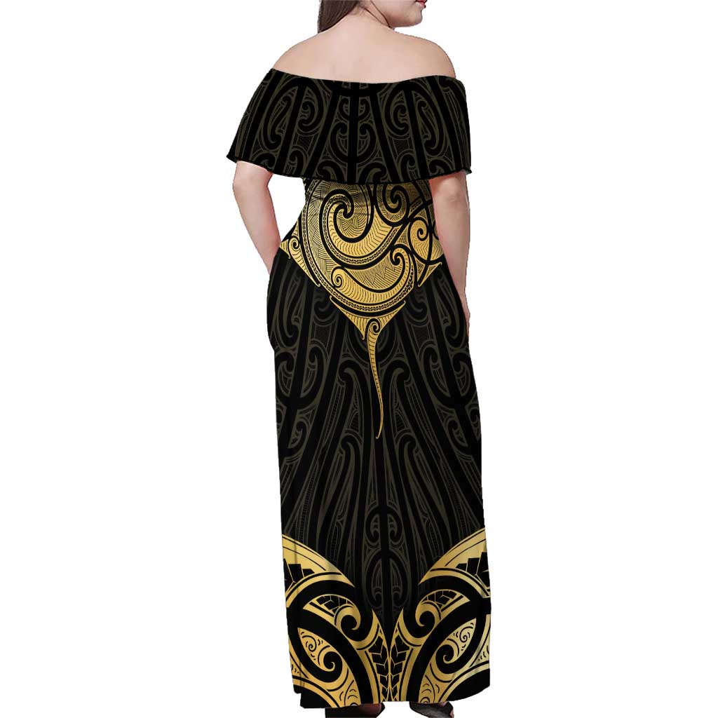 Gold Black New Zealand Manta Ray Family Matching Off Shoulder Maxi Dress and Hawaiian Shirt Aotearoa Maori Haehae - Aussie Hoodie