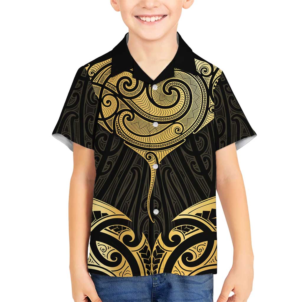 Gold Black New Zealand Manta Ray Family Matching Off Shoulder Maxi Dress and Hawaiian Shirt Aotearoa Maori Haehae - Aussie Hoodie