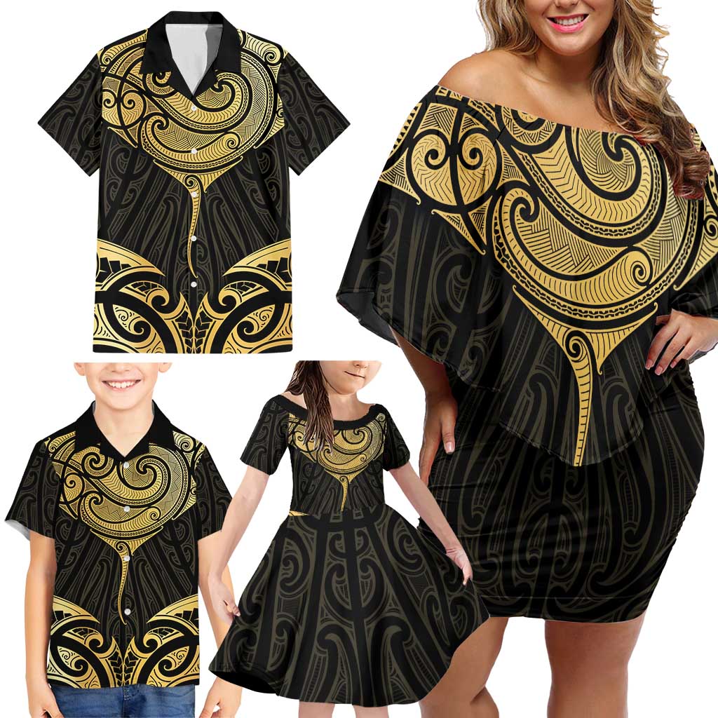 Gold Black New Zealand Manta Ray Family Matching Off Shoulder Short Dress and Hawaiian Shirt Aotearoa Maori Haehae - Aussie Hoodie