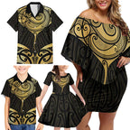 Gold Black New Zealand Manta Ray Family Matching Off Shoulder Short Dress and Hawaiian Shirt Aotearoa Maori Haehae - Aussie Hoodie