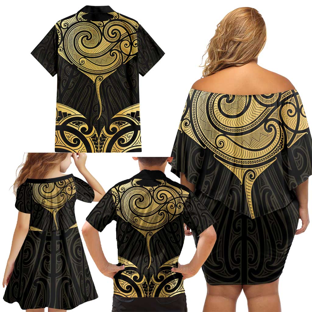 Gold Black New Zealand Manta Ray Family Matching Off Shoulder Short Dress and Hawaiian Shirt Aotearoa Maori Haehae - Aussie Hoodie