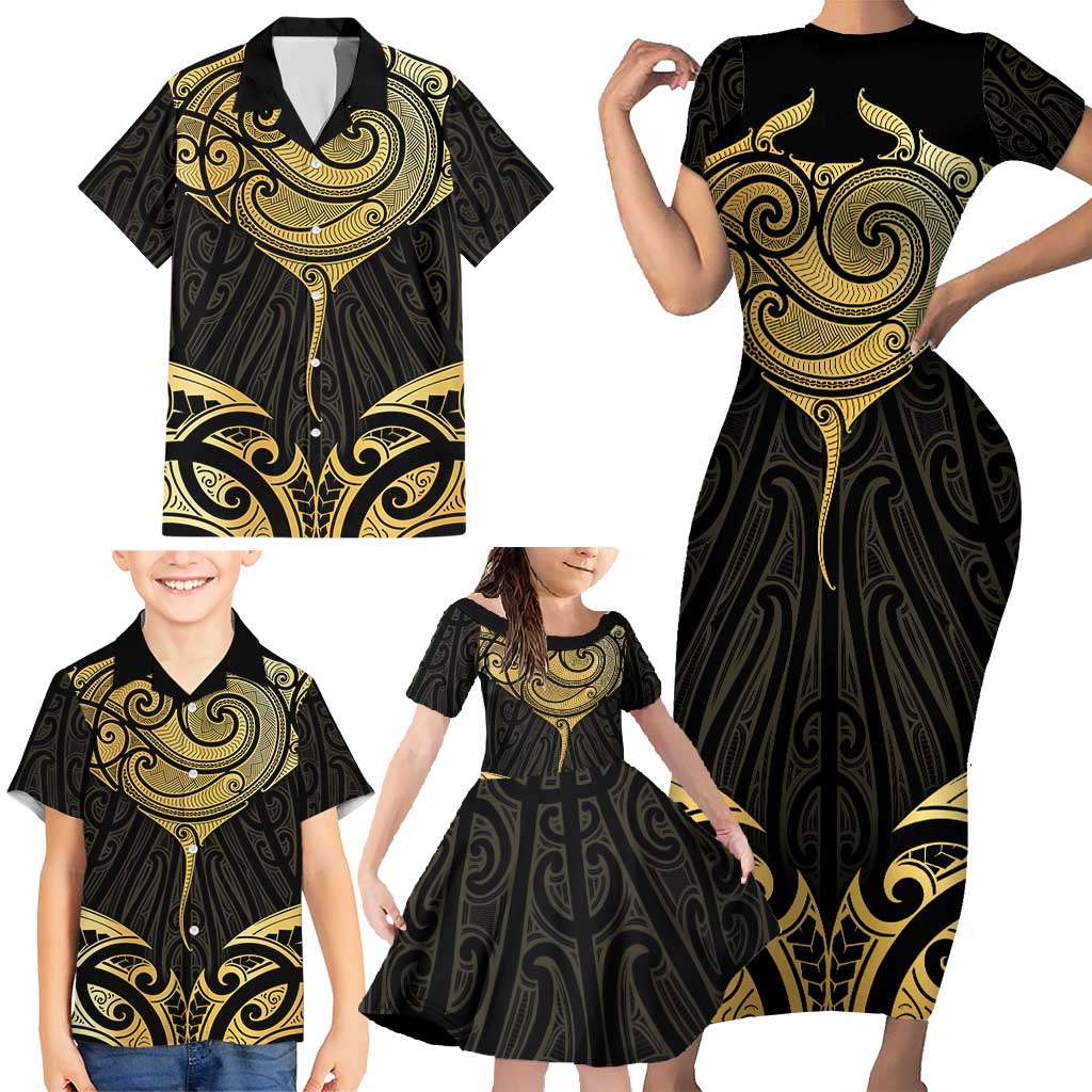 Gold Black New Zealand Manta Ray Family Matching Short Sleeve Bodycon Dress and Hawaiian Shirt Aotearoa Maori Haehae - Aussie Hoodie