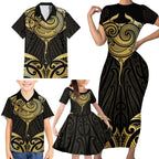 Gold Black New Zealand Manta Ray Family Matching Short Sleeve Bodycon Dress and Hawaiian Shirt Aotearoa Maori Haehae - Aussie Hoodie