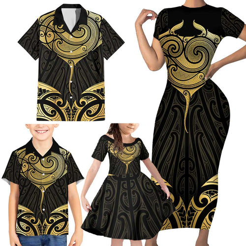 Gold Black New Zealand Manta Ray Family Matching Short Sleeve Bodycon Dress and Hawaiian Shirt Aotearoa Maori Haehae - Aussie Hoodie