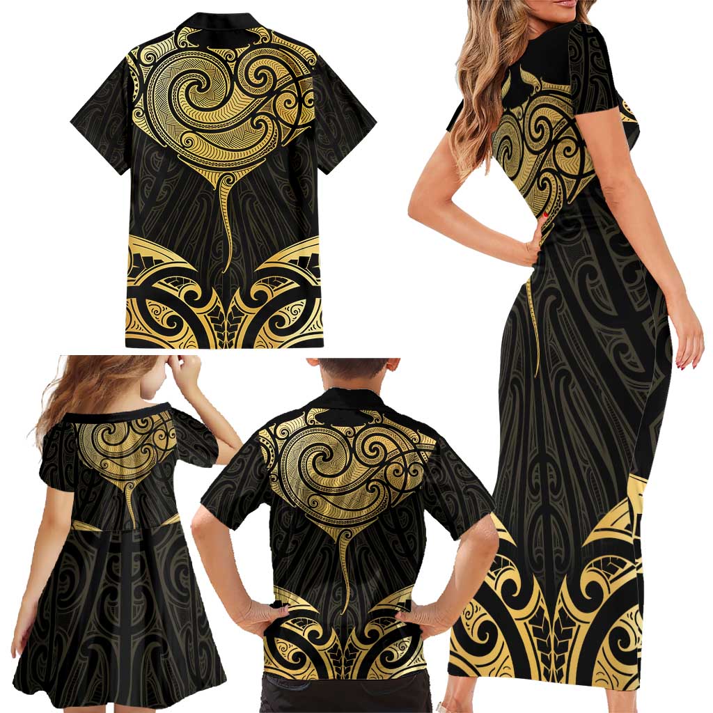 Gold Black New Zealand Manta Ray Family Matching Short Sleeve Bodycon Dress and Hawaiian Shirt Aotearoa Maori Haehae - Aussie Hoodie