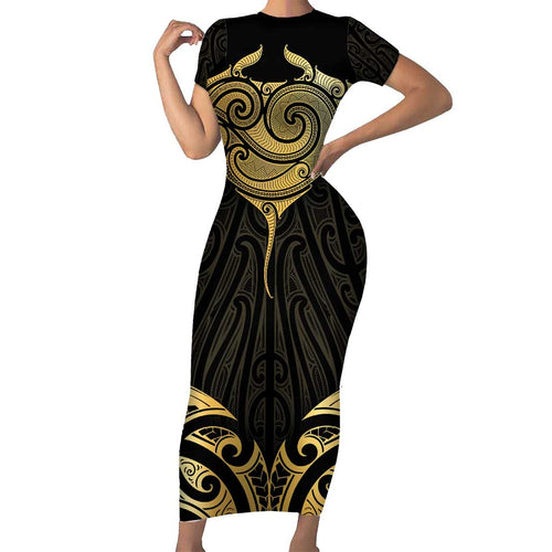 Gold Black New Zealand Manta Ray Family Matching Short Sleeve Bodycon Dress and Hawaiian Shirt Aotearoa Maori Haehae - Aussie Hoodie