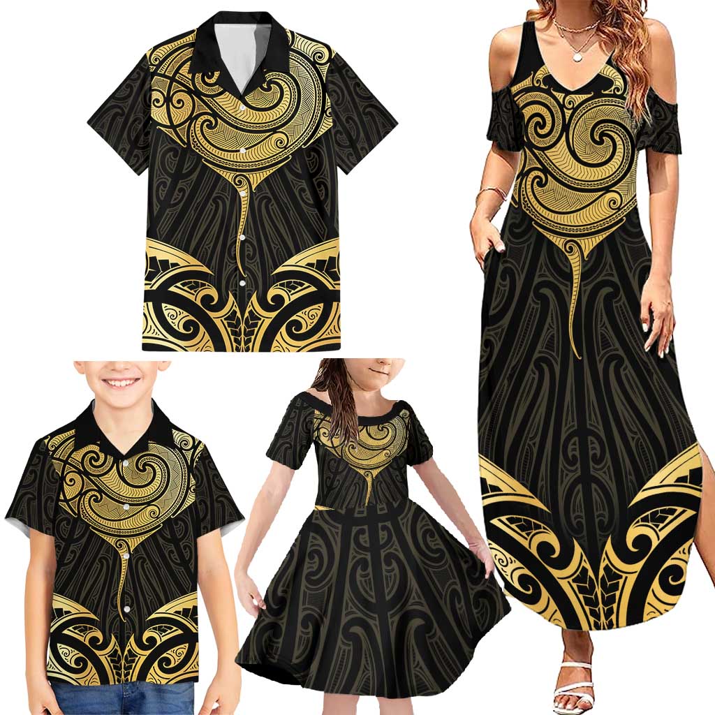 Gold Black New Zealand Manta Ray Family Matching Summer Maxi Dress and Hawaiian Shirt Aotearoa Maori Haehae - Aussie Hoodie