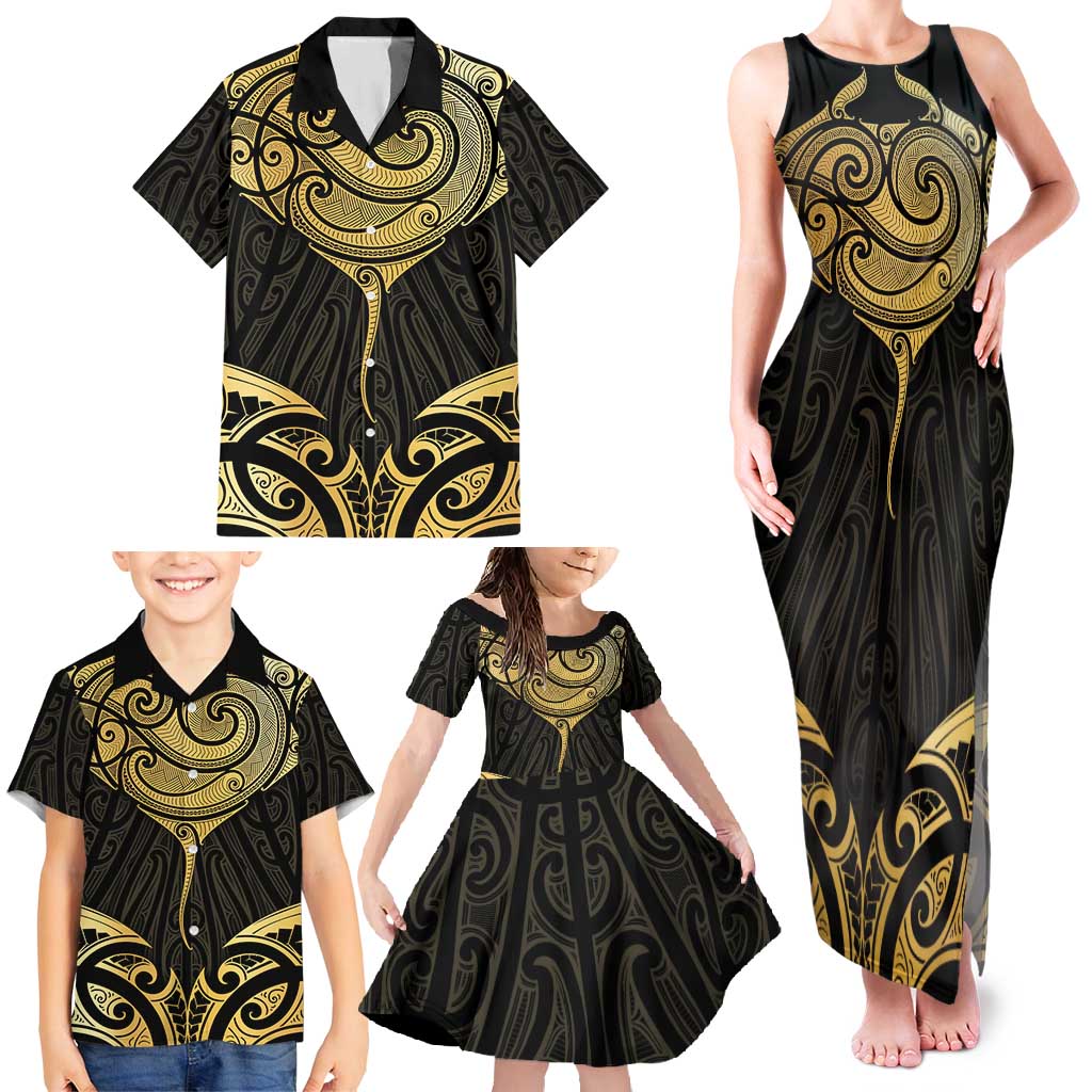 Gold Black New Zealand Manta Ray Family Matching Tank Maxi Dress and Hawaiian Shirt Aotearoa Maori Haehae - Aussie Hoodie