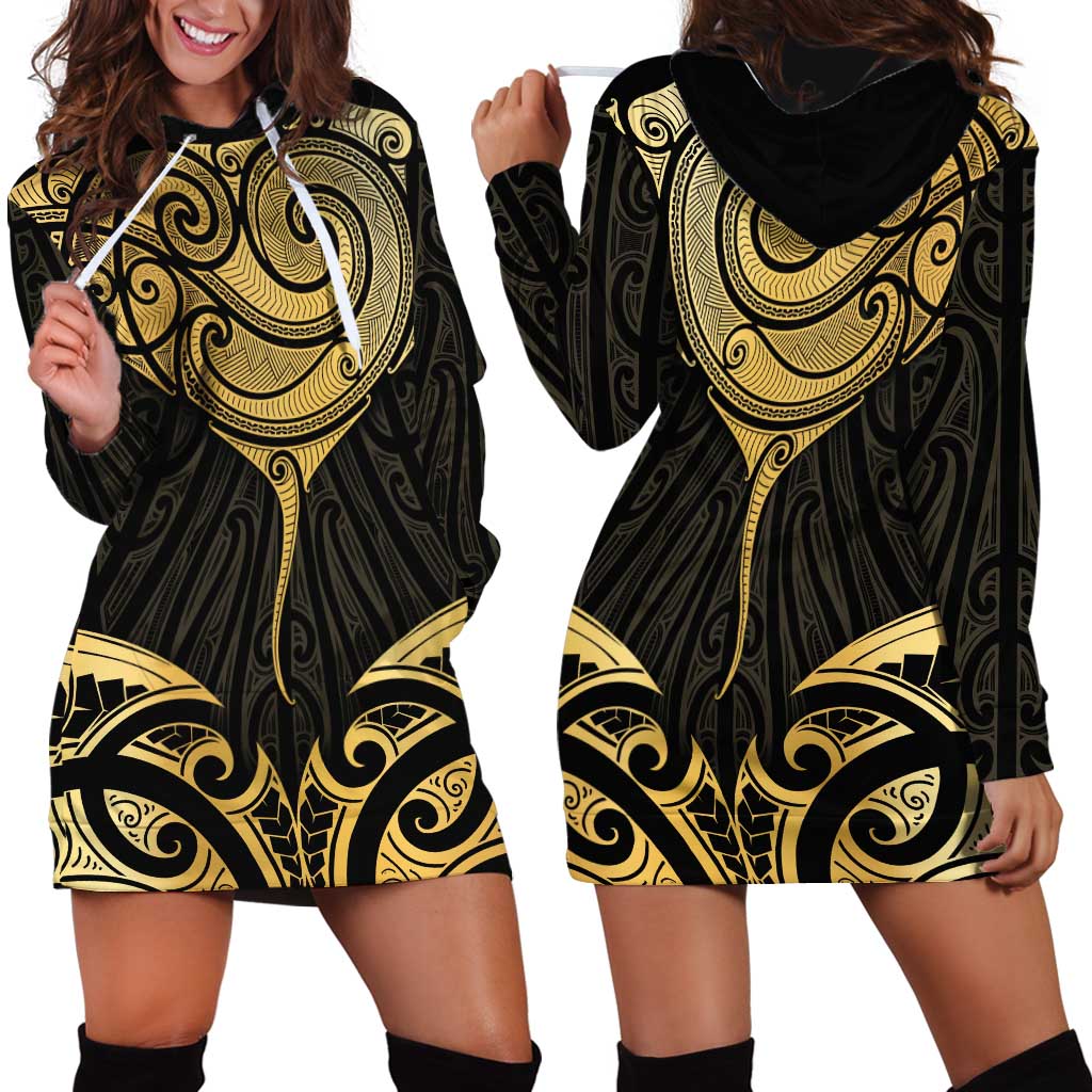 Gold Black New Zealand Manta Ray Hoodie Dress Aotearoa Maori Haehae - Aussie Hoodie