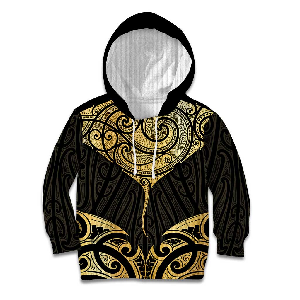 Gold Black New Zealand Manta Ray Kid Hoodie Aotearoa Maori Haehae - Aussie Hoodie