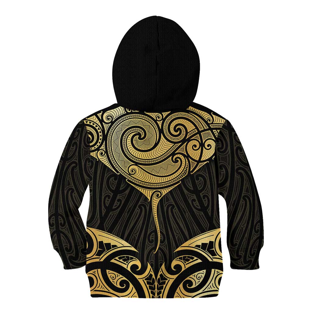 Gold Black New Zealand Manta Ray Kid Hoodie Aotearoa Maori Haehae - Aussie Hoodie