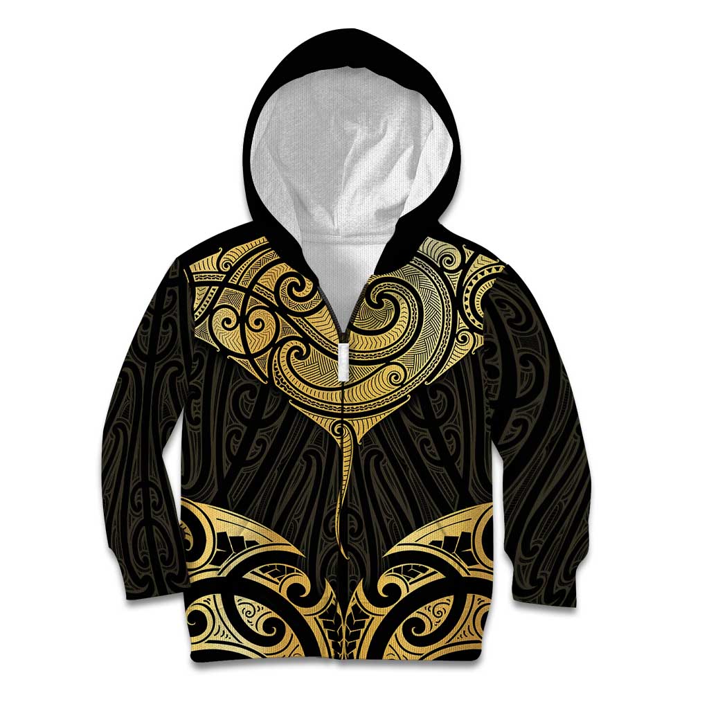 Gold Black New Zealand Manta Ray Kid Hoodie Aotearoa Maori Haehae - Aussie Hoodie