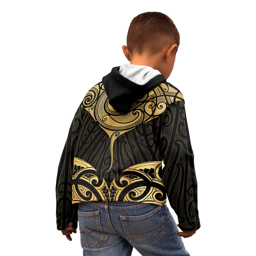 Gold Black New Zealand Manta Ray Kid Hoodie Aotearoa Maori Haehae - Aussie Hoodie