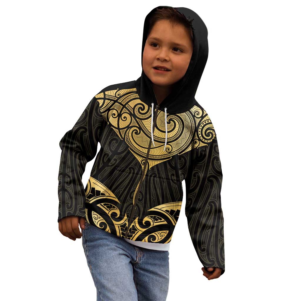 Gold Black New Zealand Manta Ray Kid Hoodie Aotearoa Maori Haehae - Aussie Hoodie