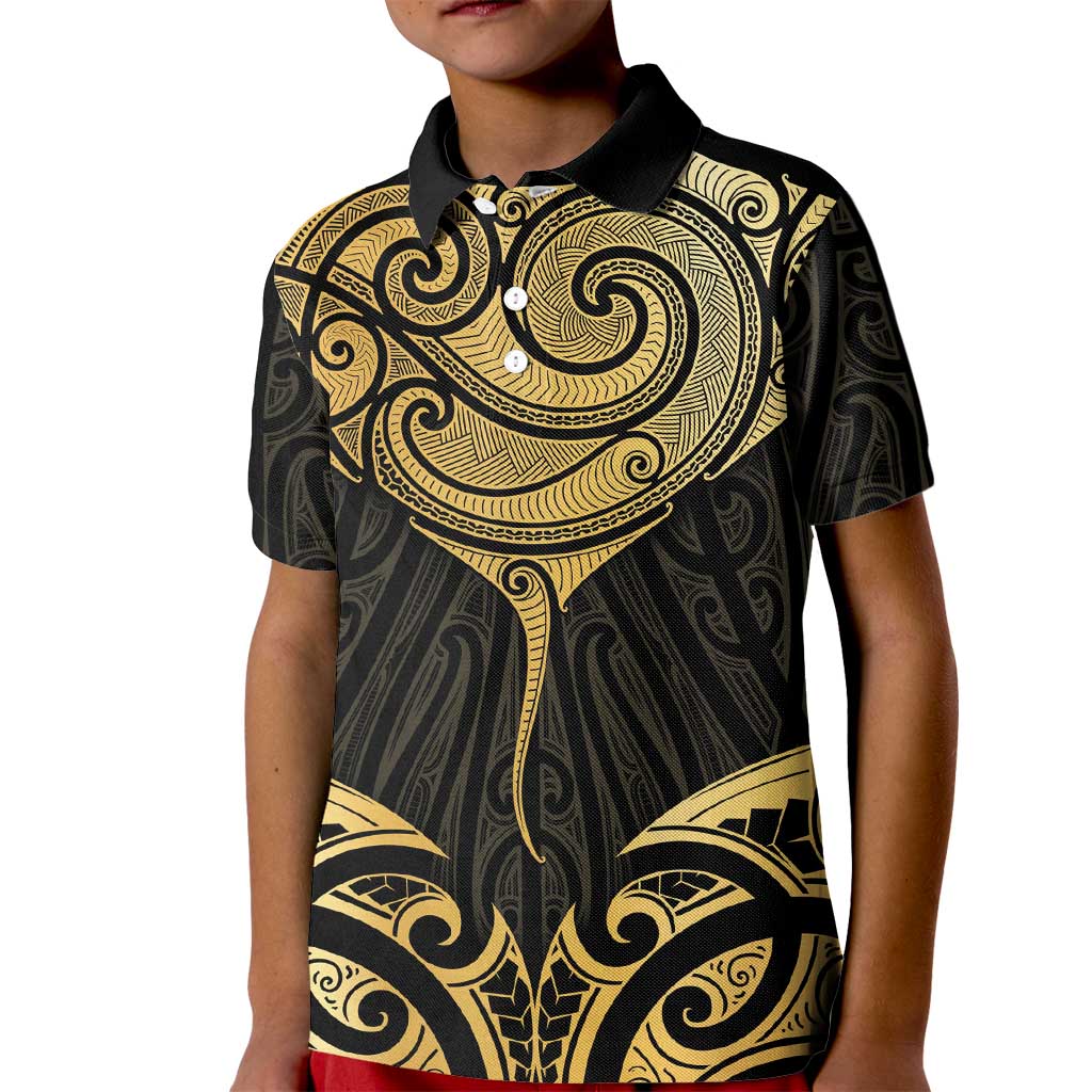 Gold Black New Zealand Manta Ray Kid Polo Shirt Aotearoa Maori Haehae - Aussie Hoodie