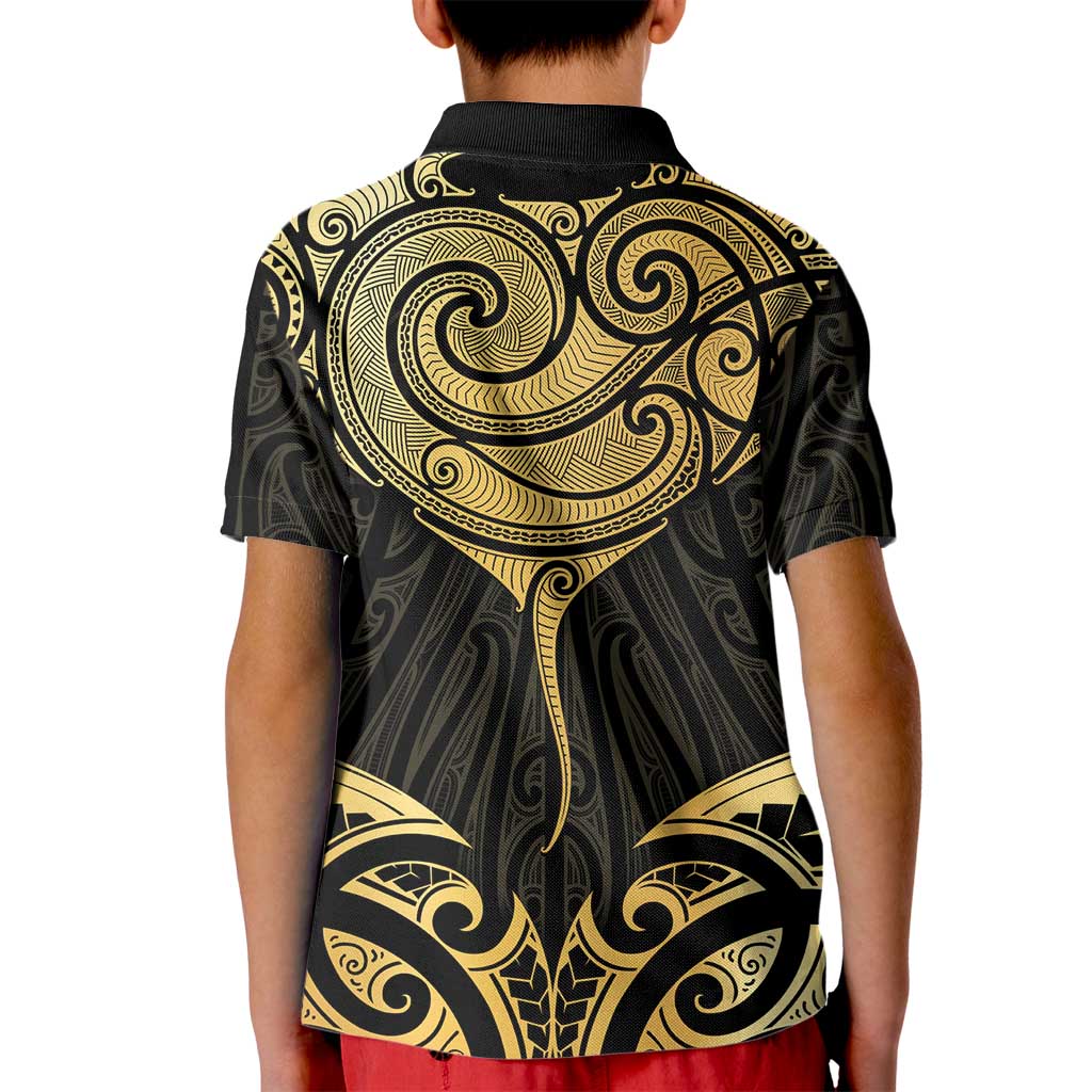 Gold Black New Zealand Manta Ray Kid Polo Shirt Aotearoa Maori Haehae - Aussie Hoodie