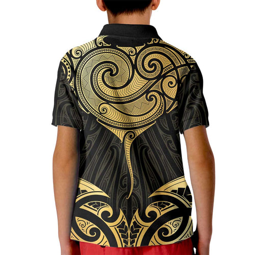 Gold Black New Zealand Manta Ray Kid Polo Shirt Aotearoa Maori Haehae - Aussie Hoodie