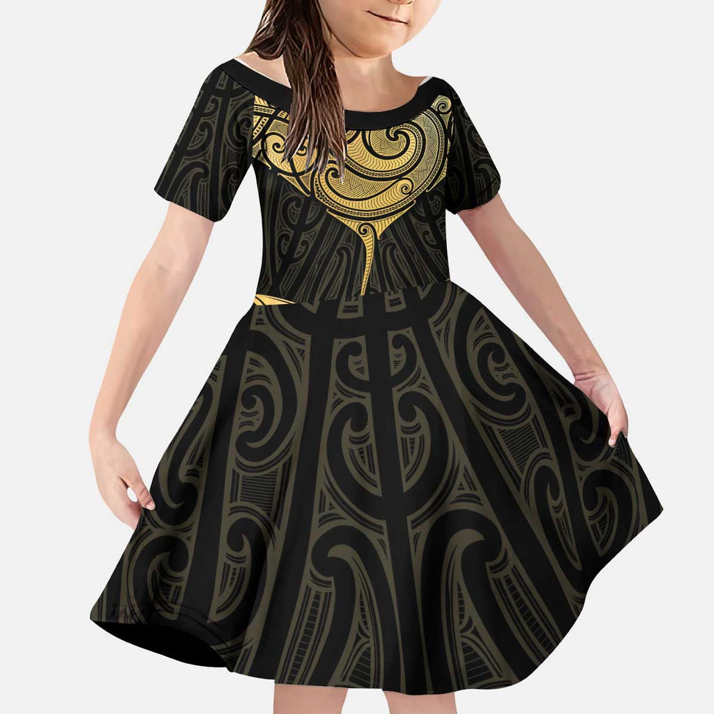 Gold Black New Zealand Manta Ray Kid Short Sleeve Dress Aotearoa Maori Haehae - Aussie Hoodie