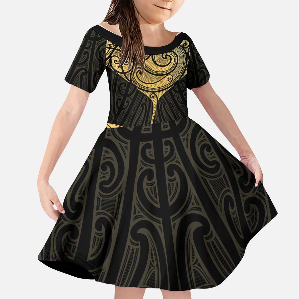Gold Black New Zealand Manta Ray Kid Short Sleeve Dress Aotearoa Maori Haehae - Aussie Hoodie
