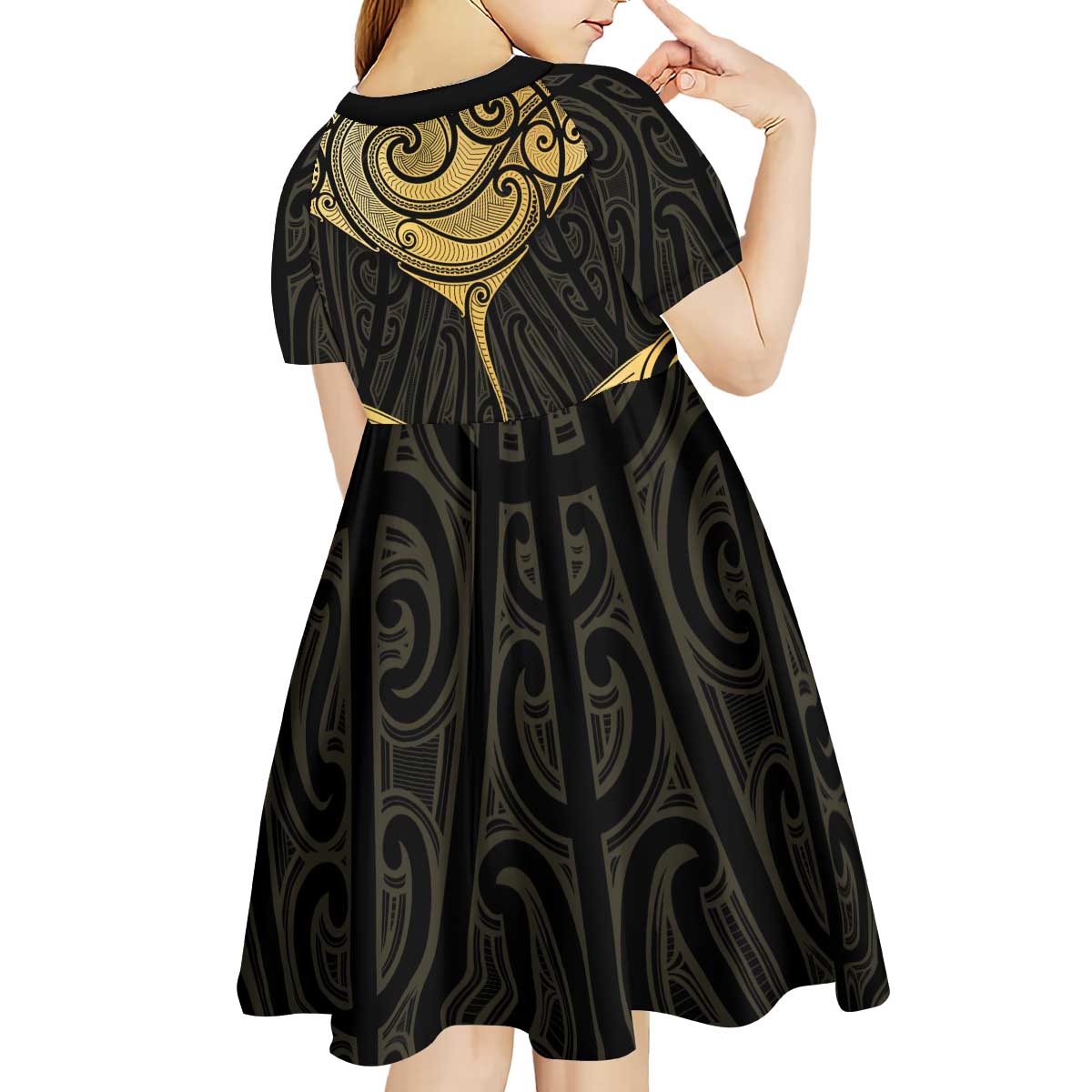 Gold Black New Zealand Manta Ray Kid Short Sleeve Dress Aotearoa Maori Haehae - Aussie Hoodie