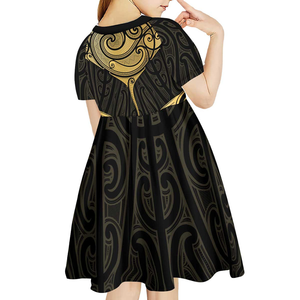 Gold Black New Zealand Manta Ray Kid Short Sleeve Dress Aotearoa Maori Haehae - Aussie Hoodie
