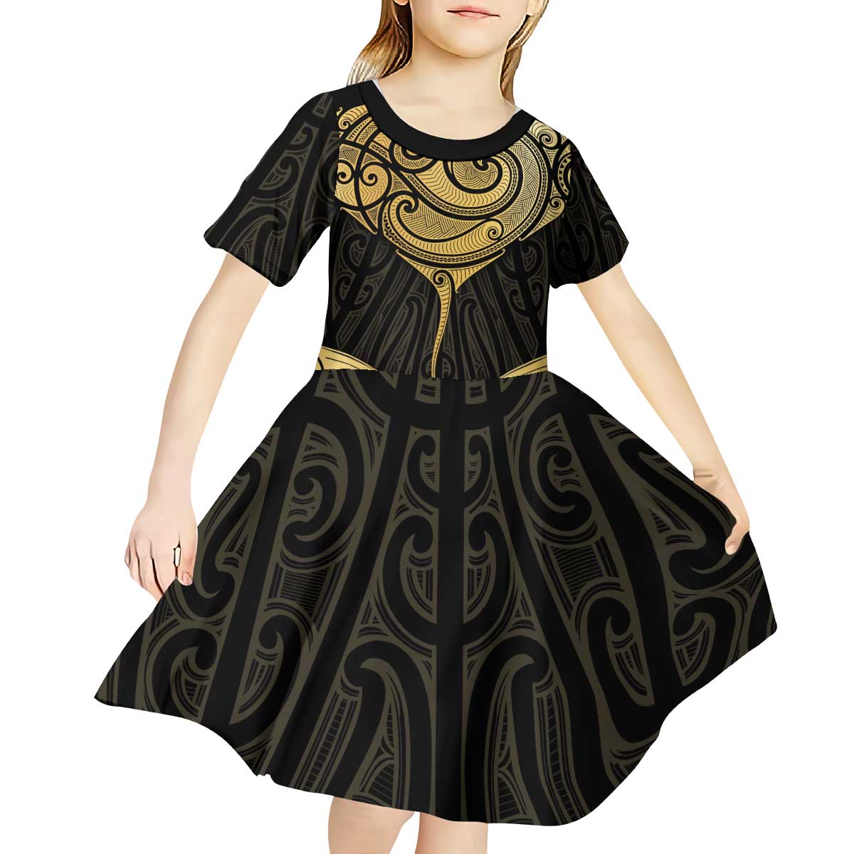 Gold Black New Zealand Manta Ray Kid Short Sleeve Dress Aotearoa Maori Haehae - Aussie Hoodie