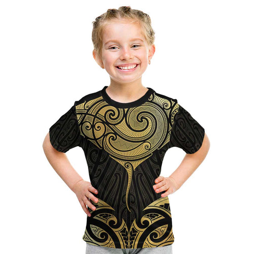 Gold Black New Zealand Manta Ray Kid T Shirt Aotearoa Maori Haehae - Aussie Hoodie