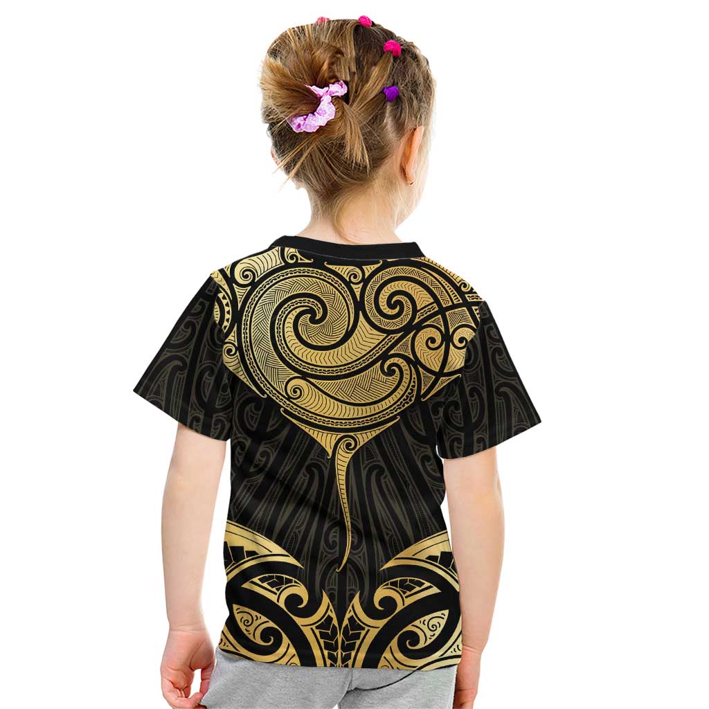 Gold Black New Zealand Manta Ray Kid T Shirt Aotearoa Maori Haehae - Aussie Hoodie