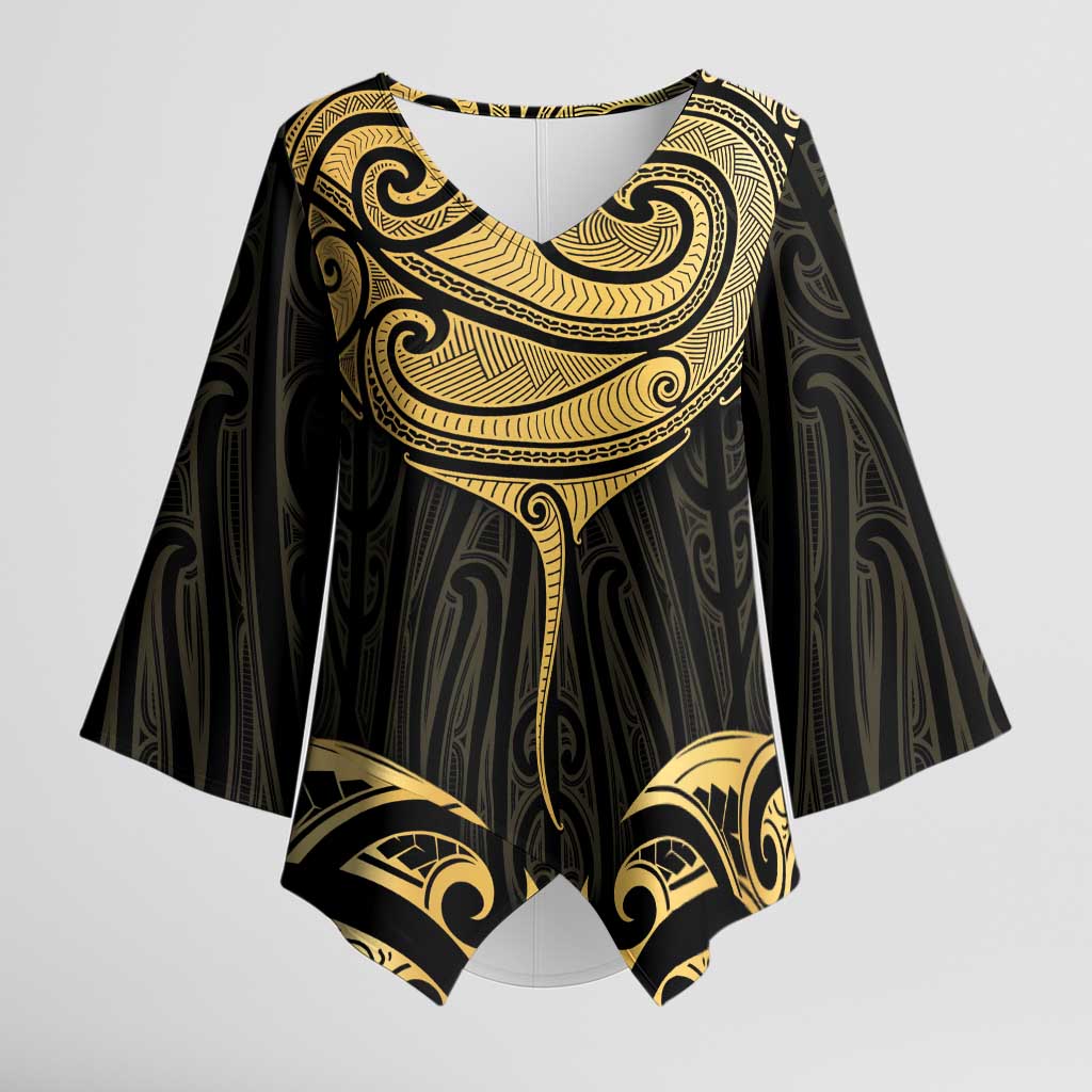 Gold Black New Zealand Manta Ray Kimono Sleeve Blouse Aotearoa Maori Haehae - Aussie Hoodie