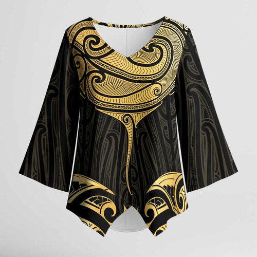 Gold Black New Zealand Manta Ray Kimono Sleeve Blouse Aotearoa Maori Haehae - Aussie Hoodie