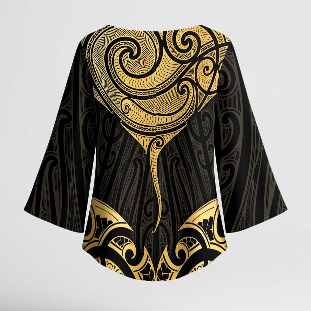 Gold Black New Zealand Manta Ray Kimono Sleeve Blouse Aotearoa Maori Haehae - Aussie Hoodie