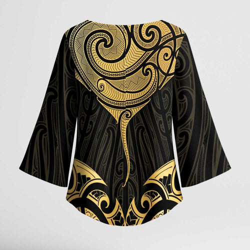 Gold Black New Zealand Manta Ray Kimono Sleeve Blouse Aotearoa Maori Haehae - Aussie Hoodie
