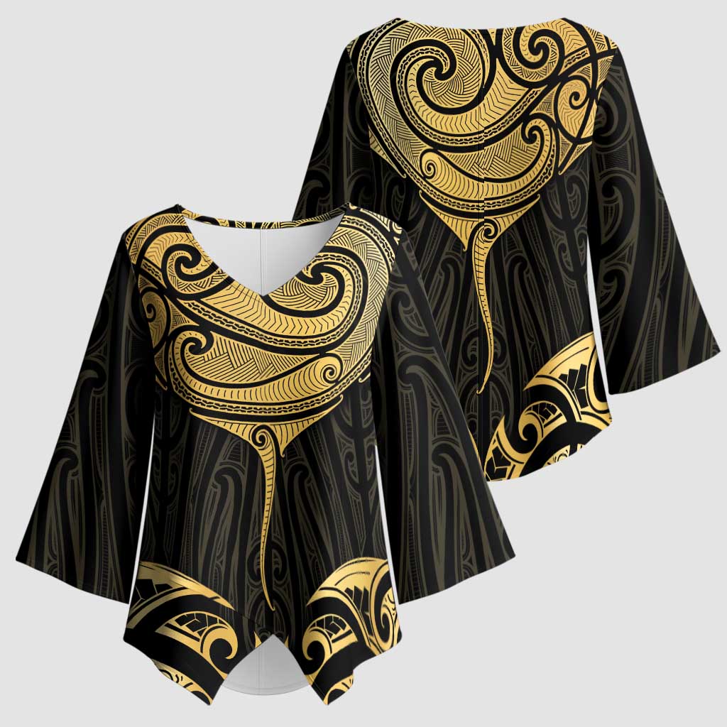 Gold Black New Zealand Manta Ray Kimono Sleeve Blouse Aotearoa Maori Haehae - Aussie Hoodie